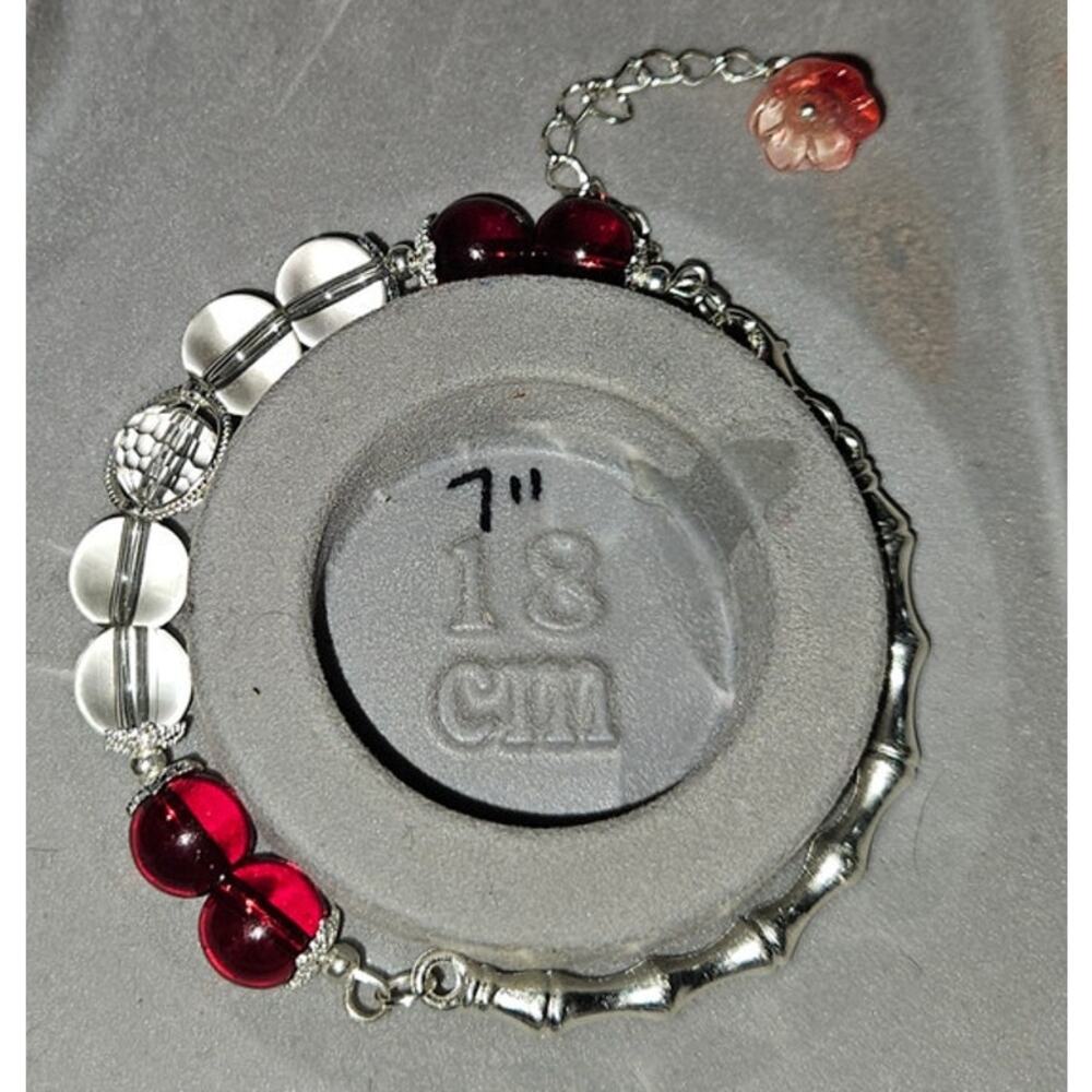 Burgundy Clear Wire Bracelet w beaded Flower Dangle Charm #65